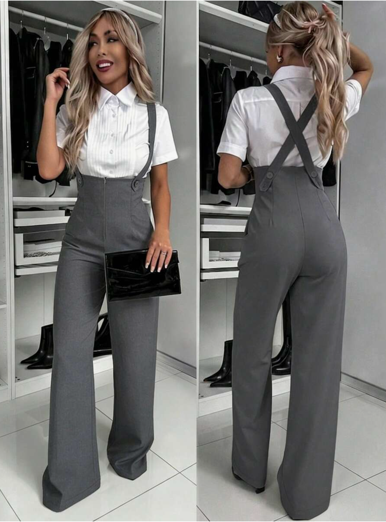 Combinaison femme jambes larges sans manches couleur unie - Taille haute, avec poches, style élégant bureau