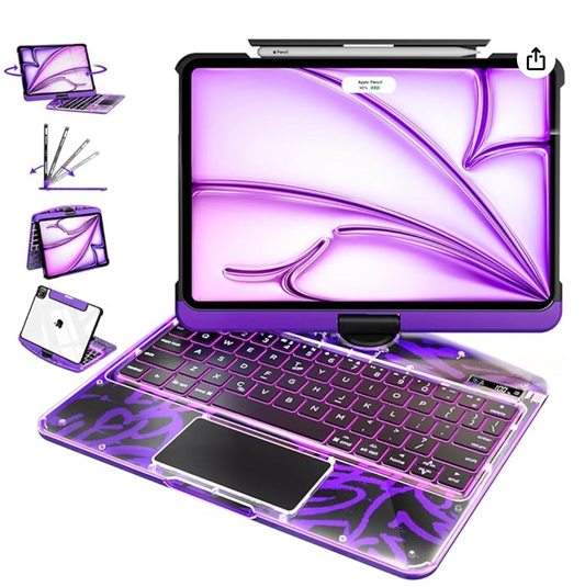 Étui Clavier Bluetooth iPad Transparent Rotatif 360° - Pavé Tactile Porte-Crayon Rétroéclairage 7 Couleurs
