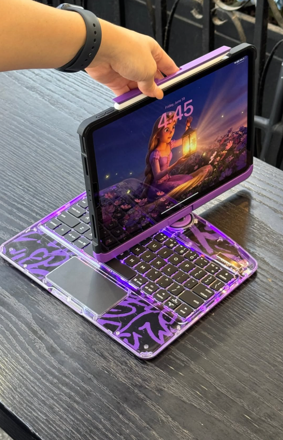 Étui Clavier Bluetooth iPad Transparent Rotatif 360° - Pavé Tactile Porte-Crayon Rétroéclairage 7 Couleurs