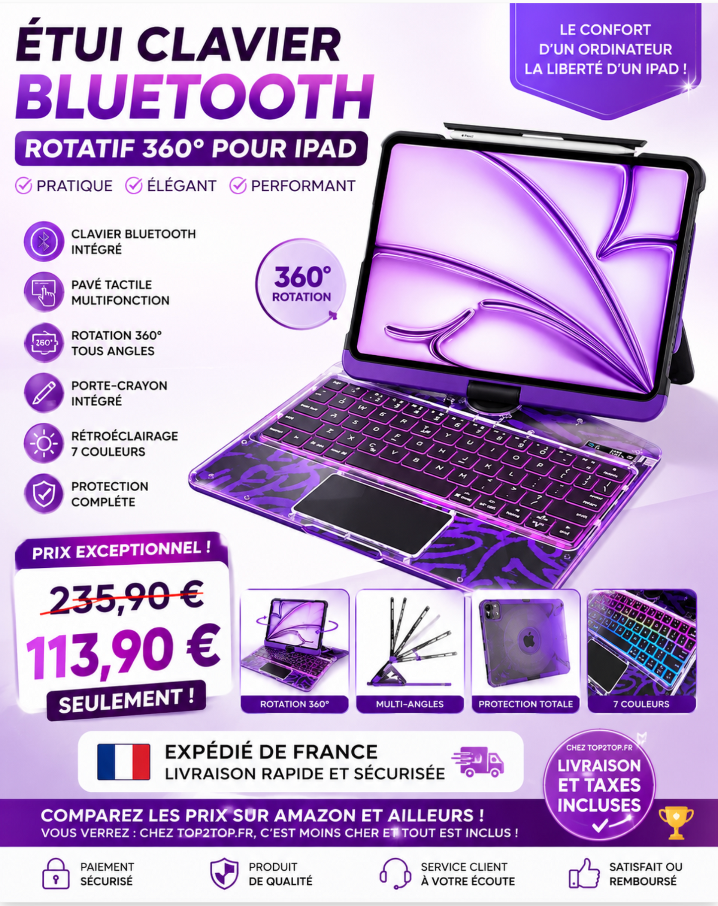 Étui Clavier Bluetooth iPad Transparent Rotatif 360° - Pavé Tactile Porte-Crayon Rétroéclairage 7 Couleurs