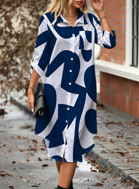 Robe-Chemise Grande Taille Femme Imprimé Géométrique - Mi-Longue Manches 3/4 Bleu Marine
