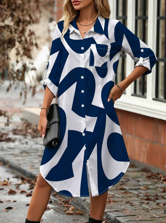 Robe-Chemise Grande Taille Femme Imprimé Géométrique - Mi-Longue Manches 3/4 Bleu Marine