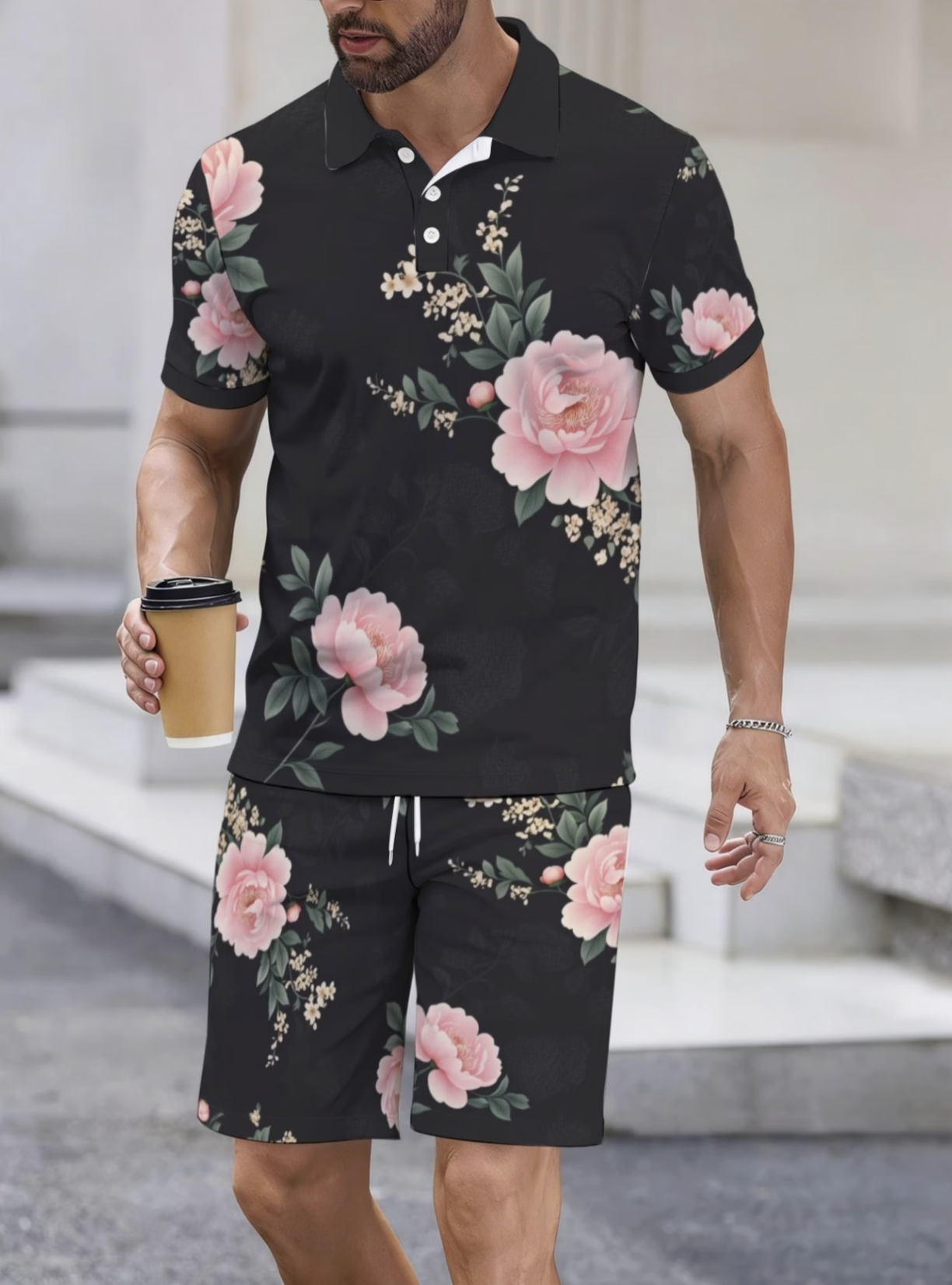 Ensemble 2 Pièces Homme Grande Taille Polo + Short Imprimé Floral - Polyester Extensible Col Revers Boutons FR 2XL à 7XL
