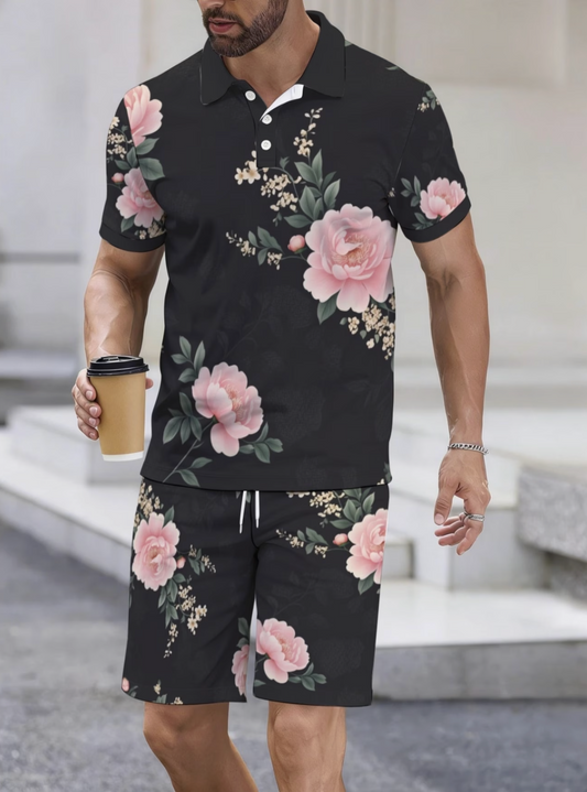 Ensemble 2 Pièces Homme Grande Taille Polo + Short Imprimé Floral - Polyester Extensible Col Revers Boutons FR 2XL à 7XL