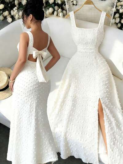 Robe Longue Femme Tricot Texture Col Carre Sans Manches Dos Ouvert Noeud Papillon - Elegante Ajustee 6 Coloris S-XXL