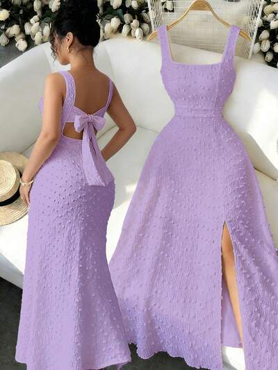 Robe Longue Femme Tricot Texture Col Carre Sans Manches Dos Ouvert Noeud Papillon - Elegante Ajustee 6 Coloris S-XXL