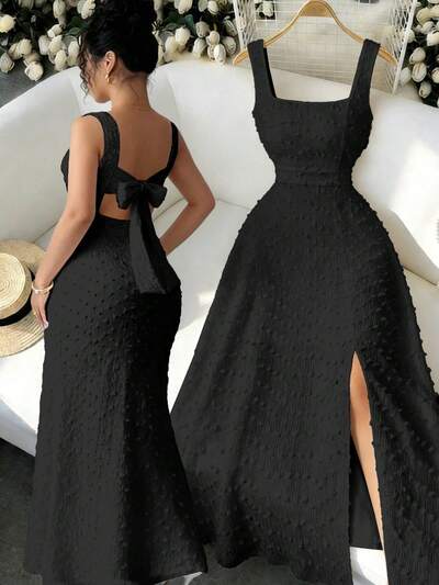 Robe Longue Femme Tricot Texture Col Carre Sans Manches Dos Ouvert Noeud Papillon - Elegante Ajustee 6 Coloris S-XXL