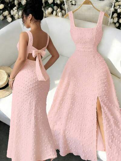 Robe Longue Femme Tricot Texture Col Carre Sans Manches Dos Ouvert Noeud Papillon - Elegante Ajustee 6 Coloris S-XXL