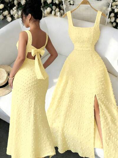 Robe Longue Femme Tricot Texture Col Carre Sans Manches Dos Ouvert Noeud Papillon - Elegante Ajustee 6 Coloris S-XXL