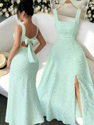 Robe Longue Femme Tricot Texture Col Carre Sans Manches Dos Ouvert Noeud Papillon - Elegante Ajustee 6 Coloris S-XXL