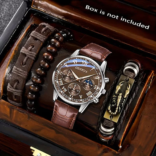 Montre Homme Quartz Bracelet Cuir - Ensemble Luxe