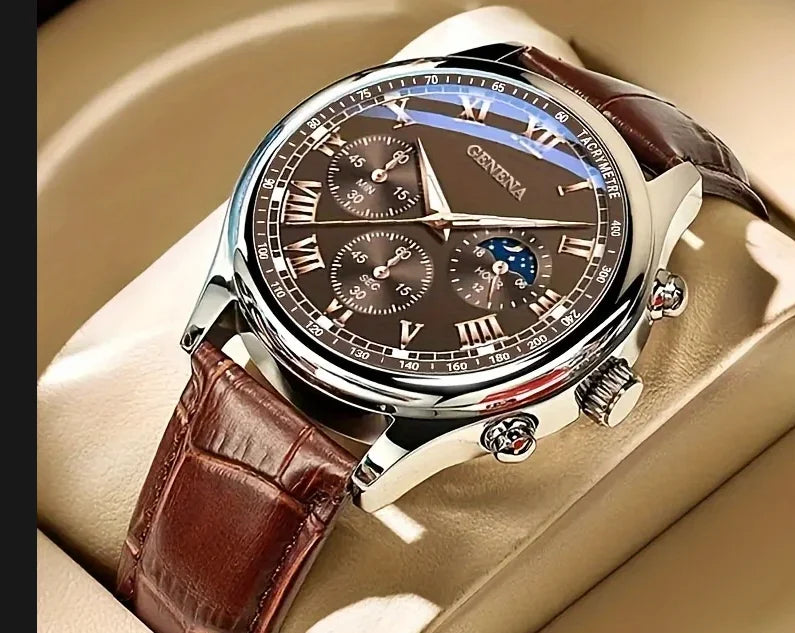Montre Homme Quartz Bracelet Cuir - Ensemble Luxe