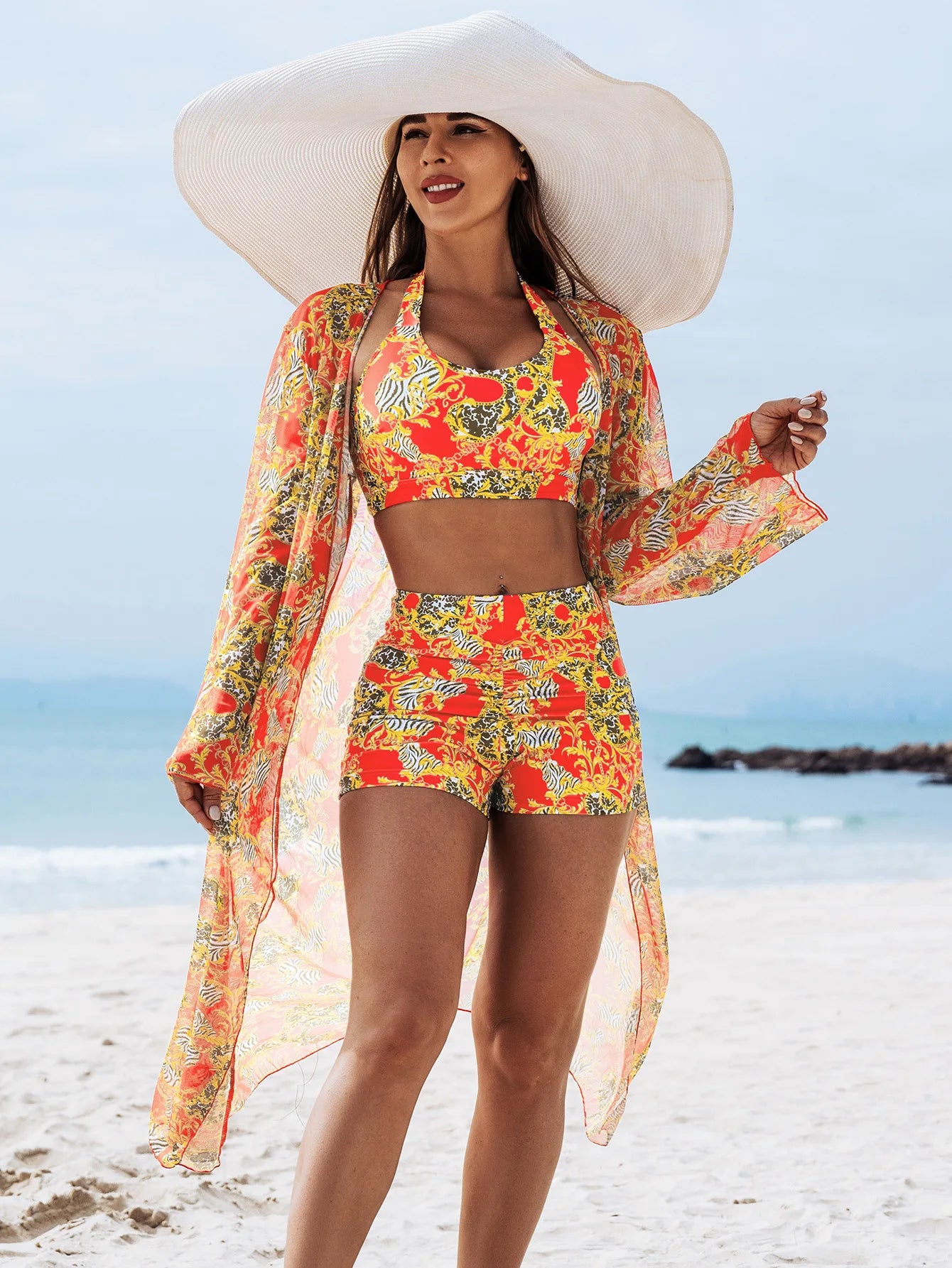 Maillot de Bain Bikini Push-Up 3 Pieces Femme - Bandeau Taille Haute Sexy