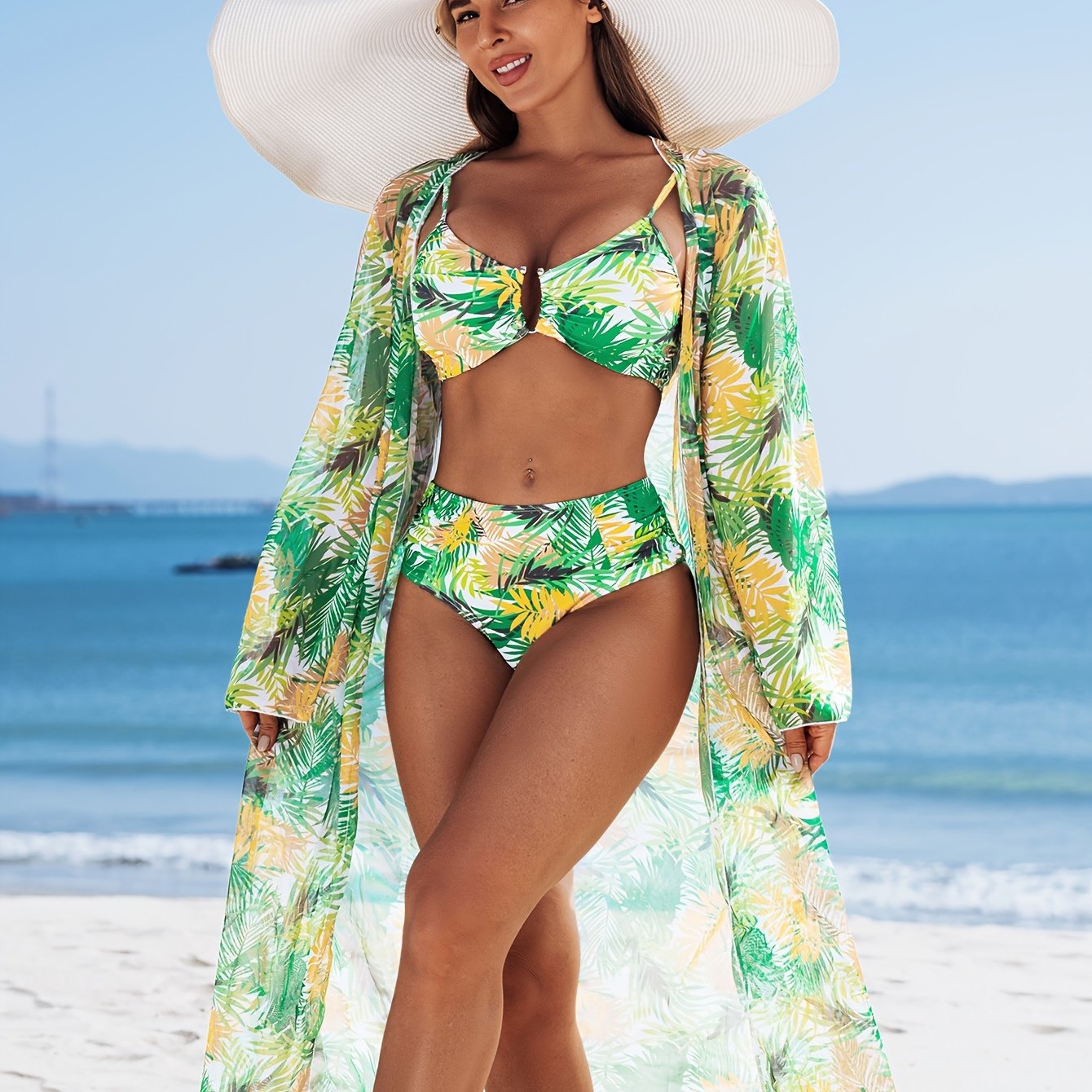 Ensemble Bikini 3 Pieces Femme - Motif Tropical, Col en V, Manches Longues