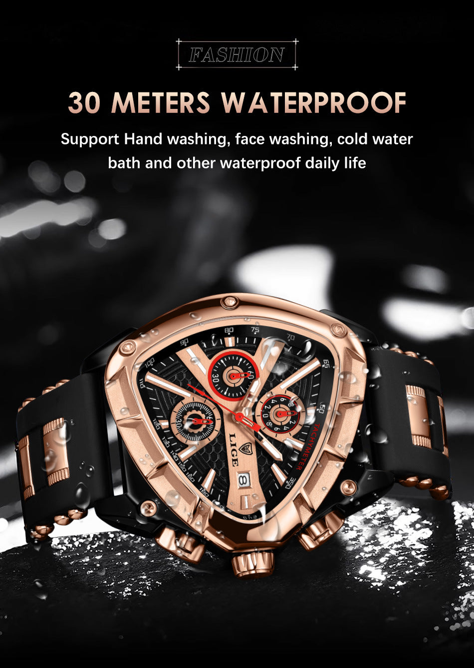 Montre Polygon Homme Etanche 30M Lumineuse avec Calendrier - Boitier Acier, Bracelet Silicone, 5 Coloris