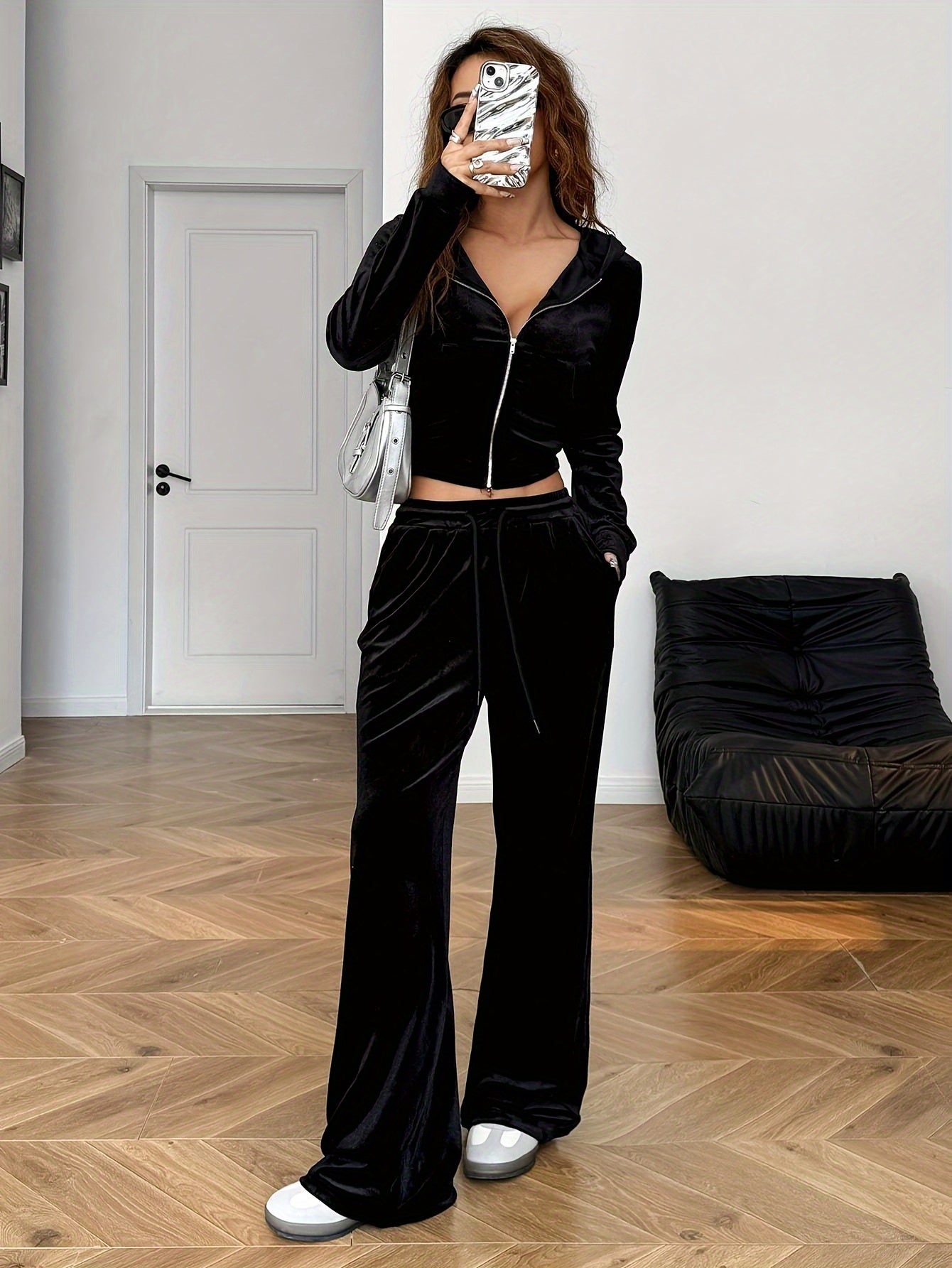 Ensemble Jogging Femme Strass - Hoodie Zippe et Pantalon Poches Noir