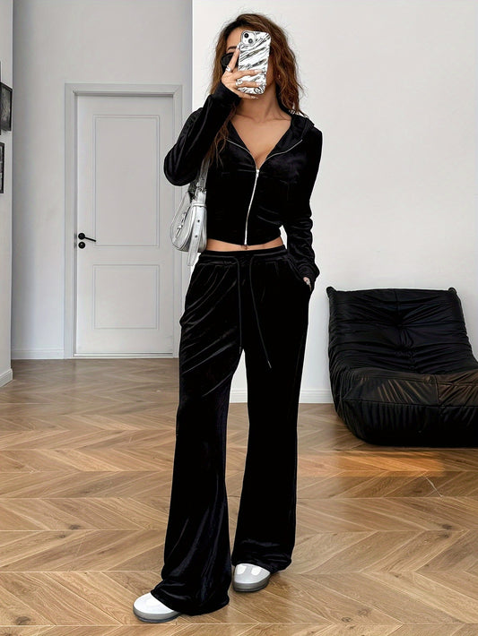 Ensemble Jogging Femme Strass - Hoodie Zippe et Pantalon Poches Noir