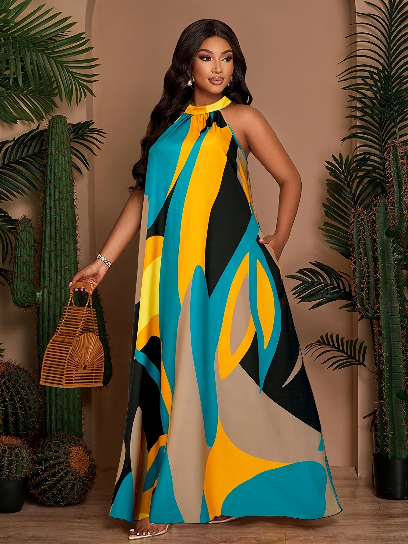 Robe longue plage femme grande taille imprimee - Col rond, coupe trapeze, nouage taille, poches, sans manches, vert ou jaune, L a 4XL