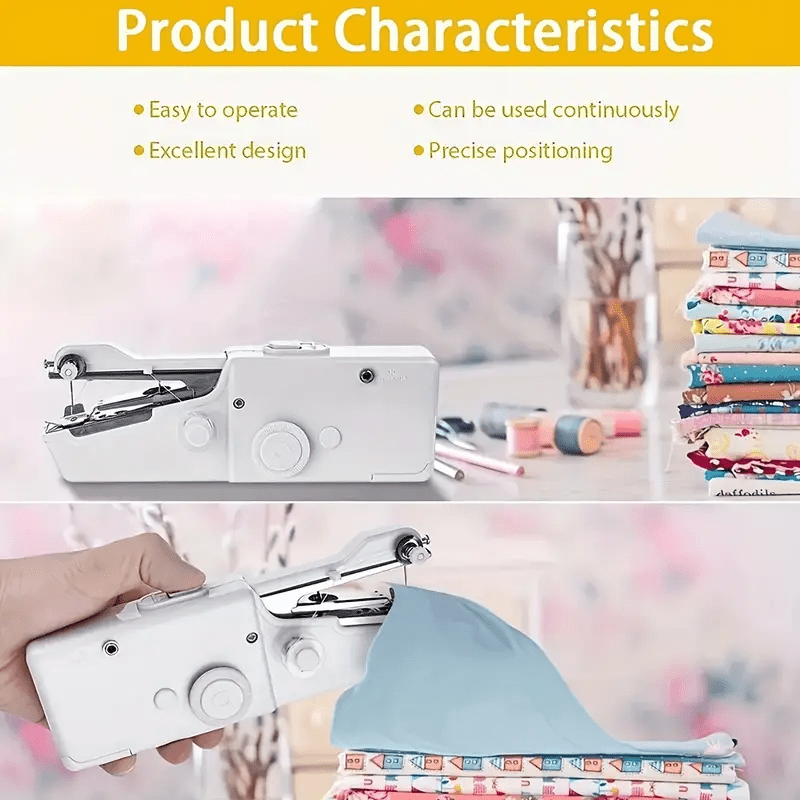 Portable and compact sewing machine in white, held in hand, with colorful fabric stacks in the background.