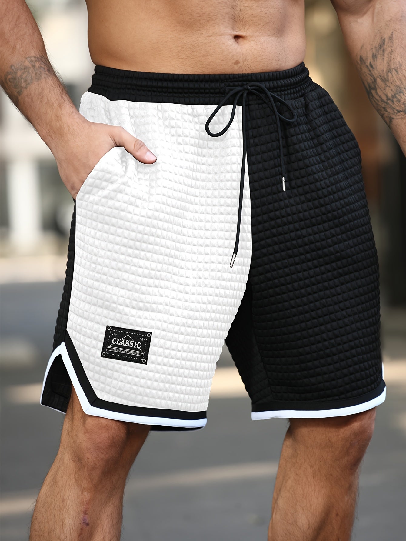 Short de Plage Homme Noir – Longueur Genou, Blocs de Couleur & Tissu Stretch | FR S à XXL