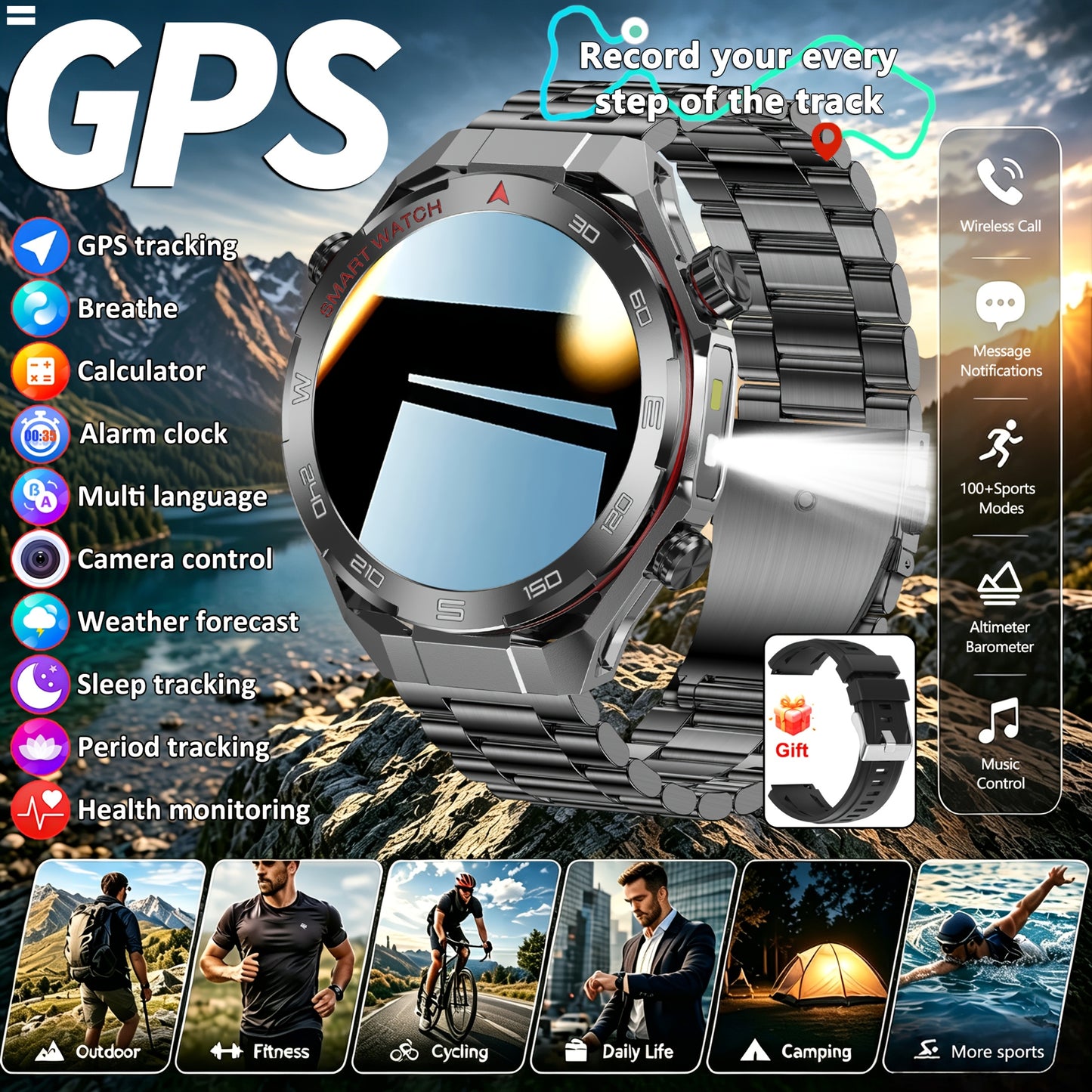 Montre Connectee Sport Homme GPS Integre - Ecran IPS HD 1.5 Pouces, Lampe Torche LED, Altimetre, Bluetooth 5.0