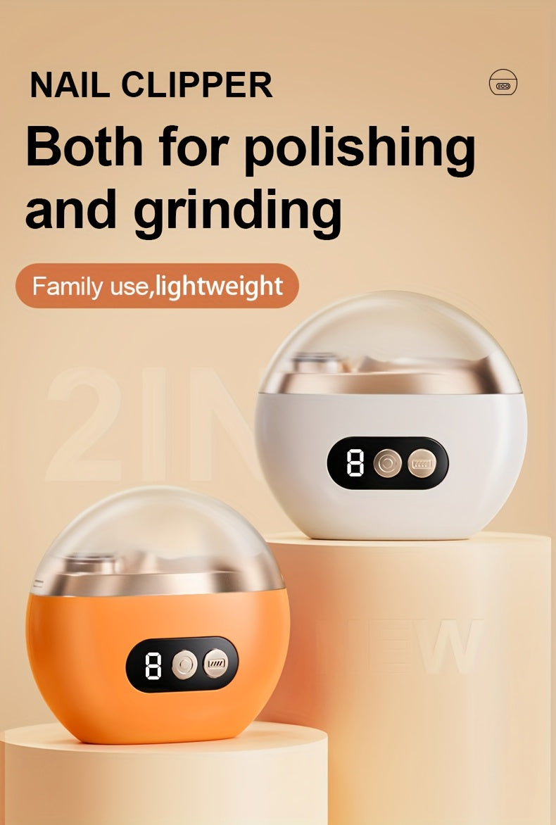 Coupe-ongles electrique 2 en 1 - Manucure, polissage, anti-coupure, eclairage, recharge USB, blanc ou orange