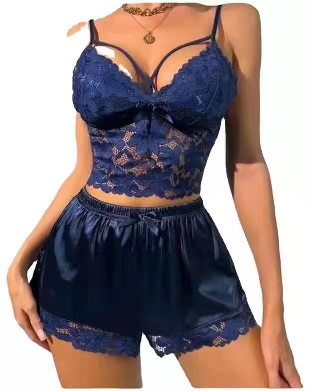 Ensemble pyjama debardeur et short en dentelle femme - Maille polyester, 5 coloris, S a XXXL