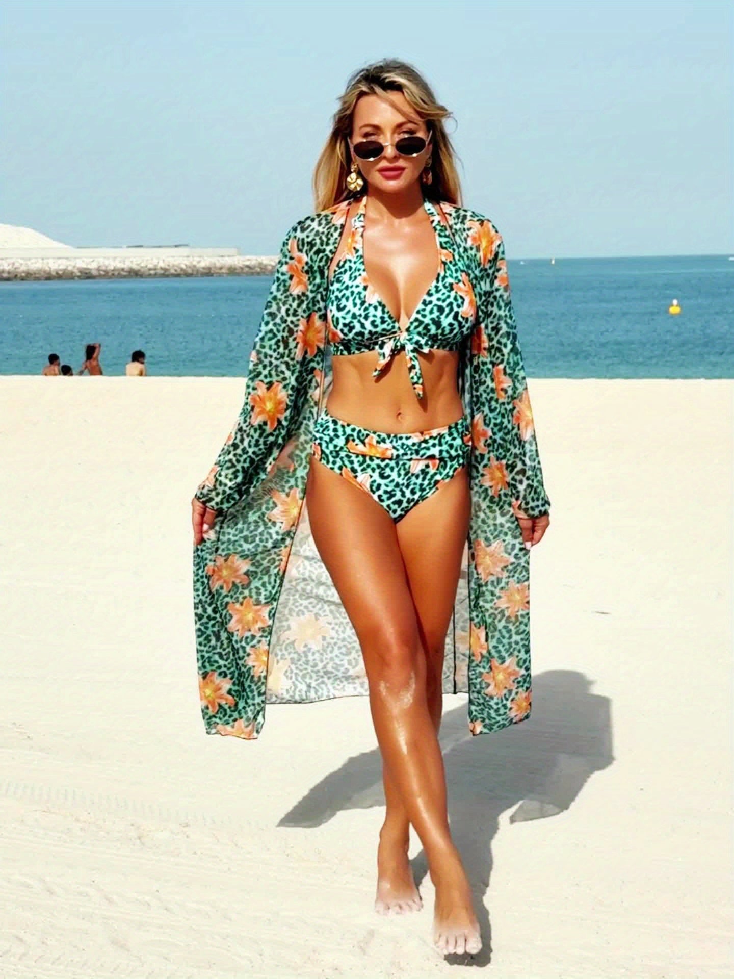 Bikini Femme Col V Manches Longues Imprime Integral Aleatoire - 82% Polyester Elasthanne Tres Extensible Vert S-XXL