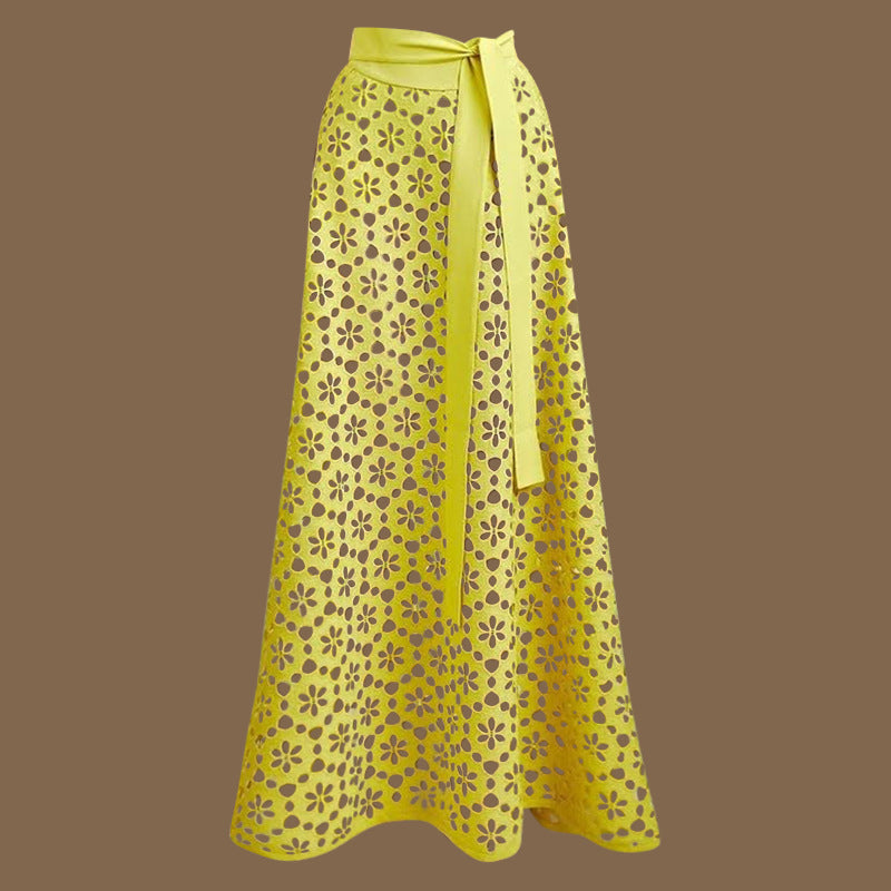 Ensemble Maillot de Bain Une Piece et Jupe de Plage Femme a Decoupes - Jaune