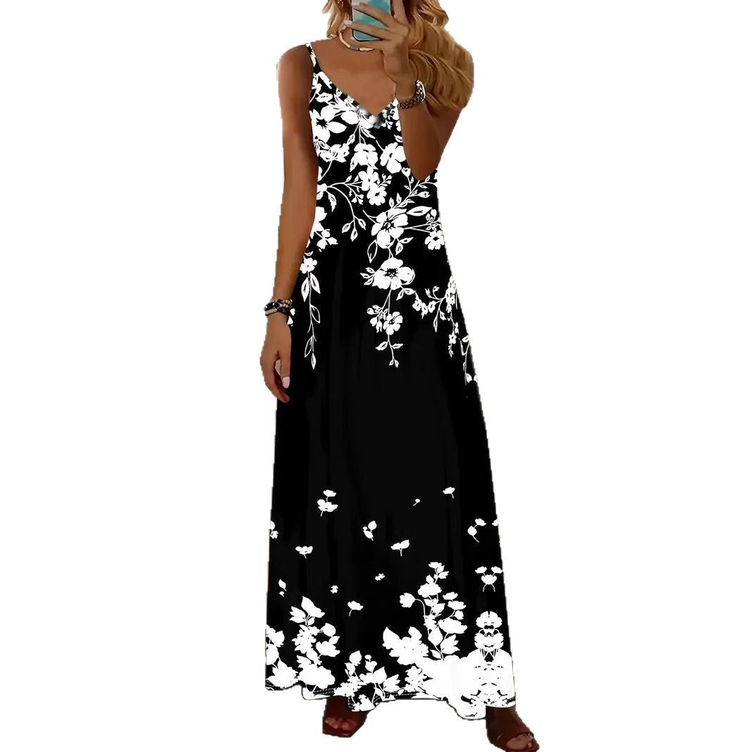 Robe longue sans manches femme - Imprimé 3D, bretelles, style romantique