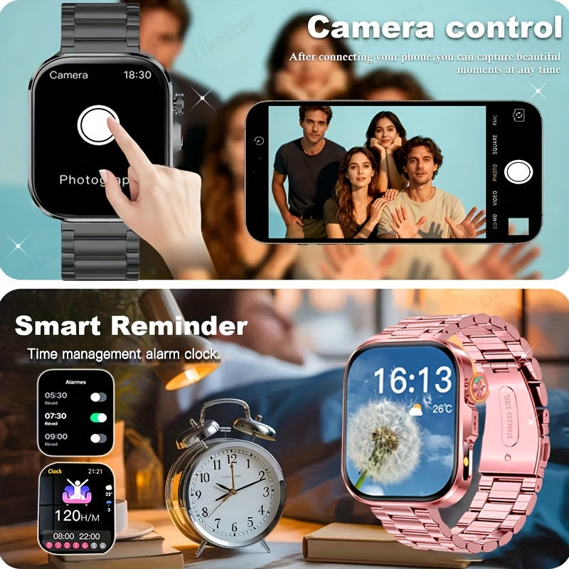 Montre Connectee Tactile Bracelet Acier Inoxydable Ecran HD 2.01 Pouces Recharge Magnetique - Appels Notifications Lampe Torche LED Style Business Decontracte
