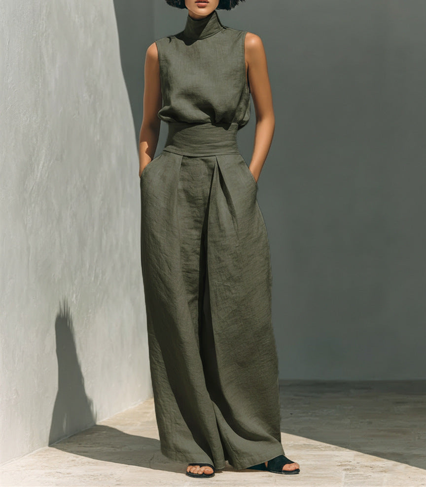 Ensemble Decontracte Sans Manches Femme - Pull Col Montant et Pantalon Large
