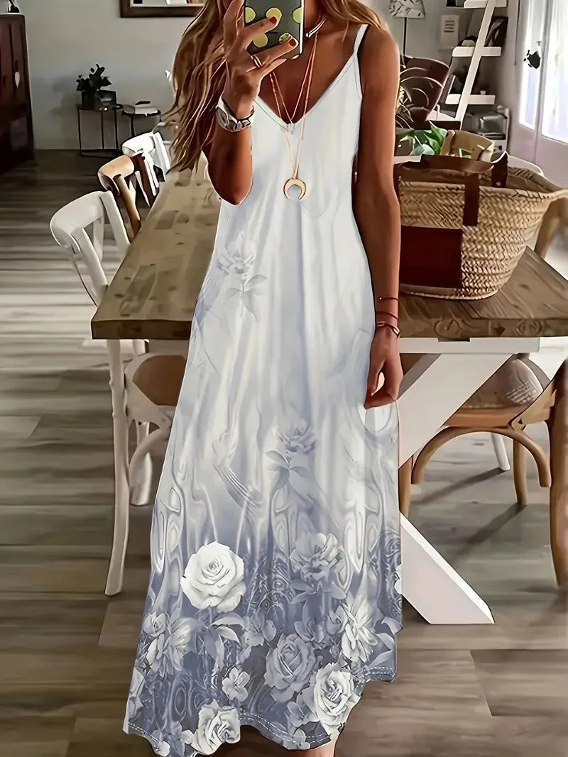 Robe longue sans manches femme - Imprimé 3D, bretelles, style romantique