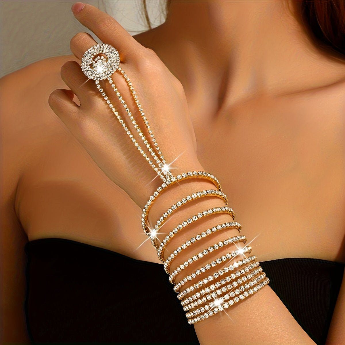 Bracelet Strass Multi-Rangs Femme - Style Luxe Pailletes Dore Argente