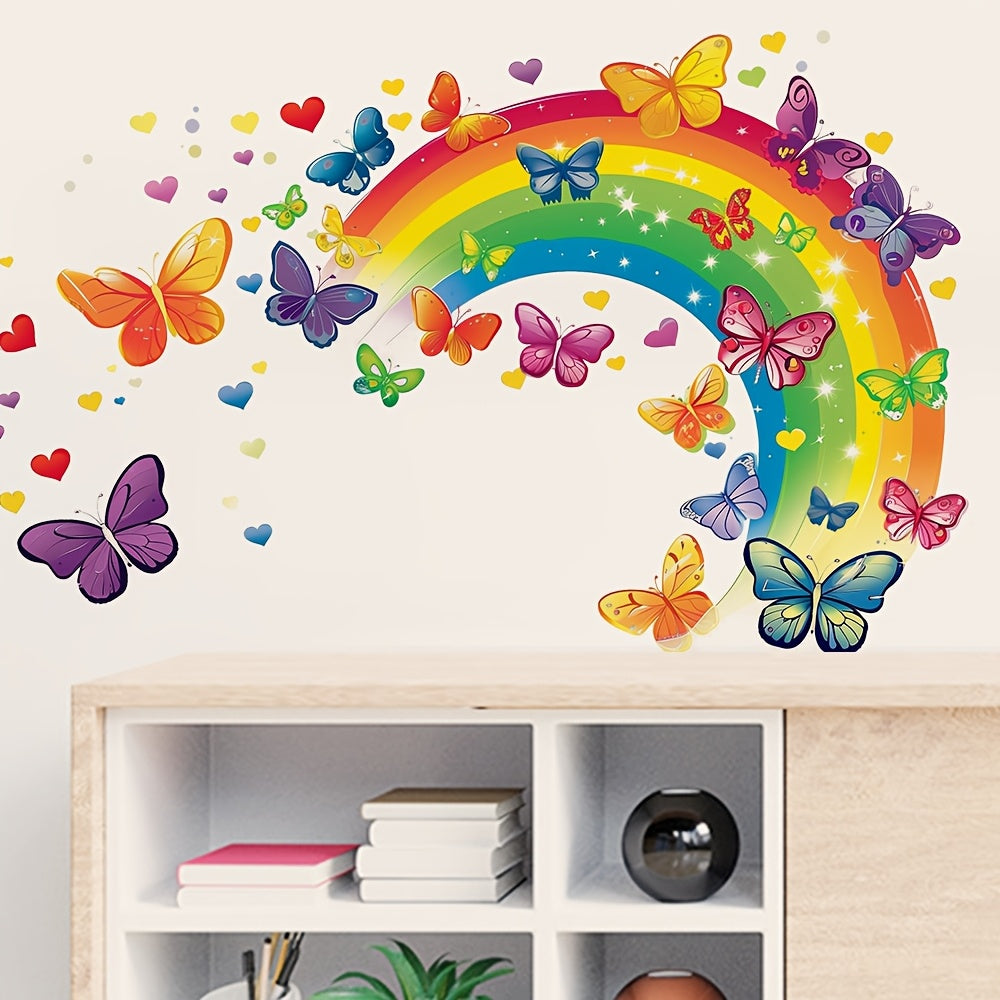 Colorful Rainbow Arch with Butterfly, Heart & Star Patterns Wall Decal - PVC Self-Adhesive Removable Sticker for Living Room, Bedroom, Dining Room, Study, Entryway - 39x49cm, Rainbow Room Decor - Topdecheztop.fr