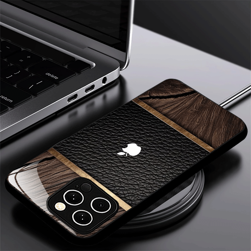 Coque iPhone Verre Trempé Logo Apple – Design Bois, Impression UV, Protection Objectif