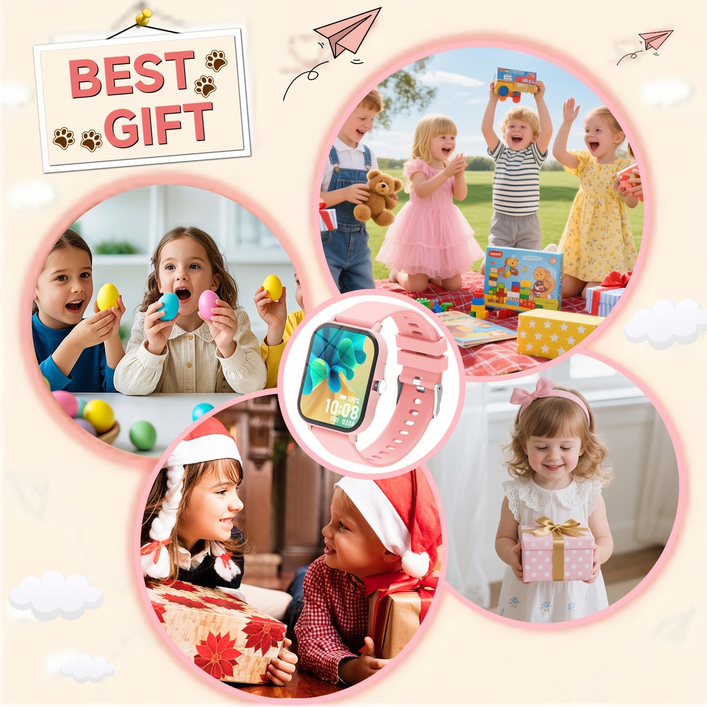 Montre Connectee Enfants Educative - Jeux, Musique, Photo Distance, Calculatrice, Reveil, Bracelet Silicone, 4 Coloris