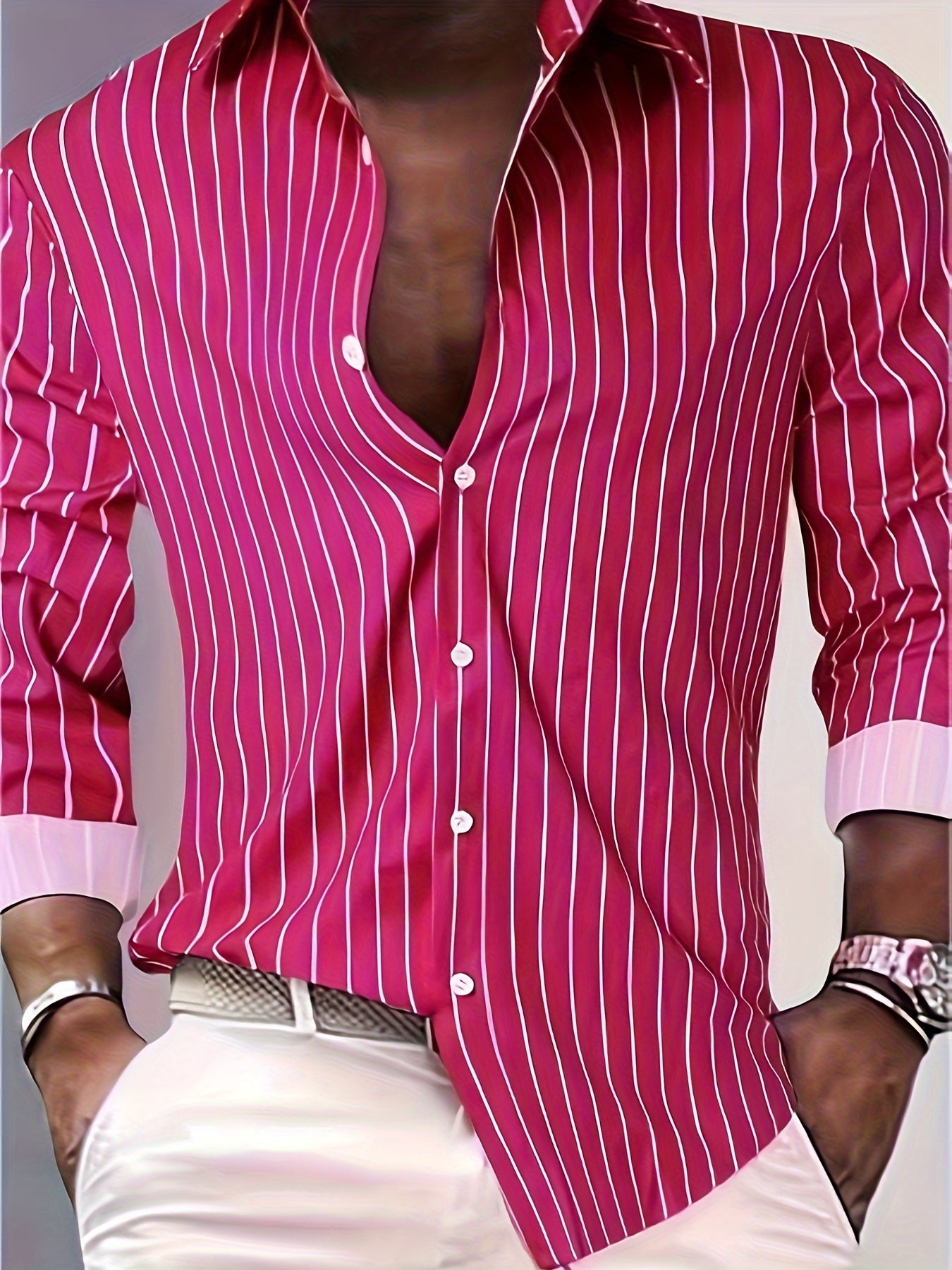 Chemise Homme Manches Longues Rayures – 95% Polyester 5% Élasthanne, Coupe Ample, 3 Coloris XS-XXXL