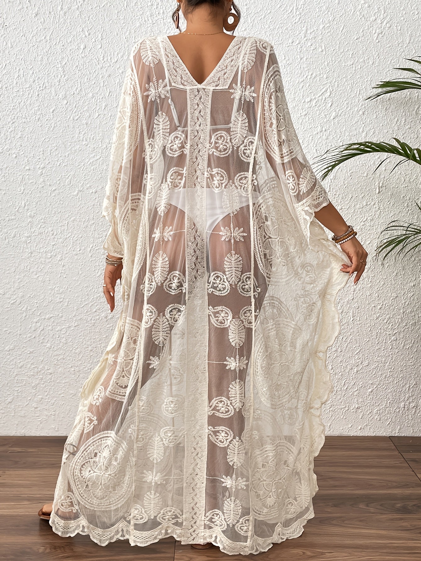 Robe de Plage Longue Femme Boheme Col en V Manches Chauve-Souris Ajoure Semi-Transparente - 65% Nylon Viscose Beige Noir Taille Unique