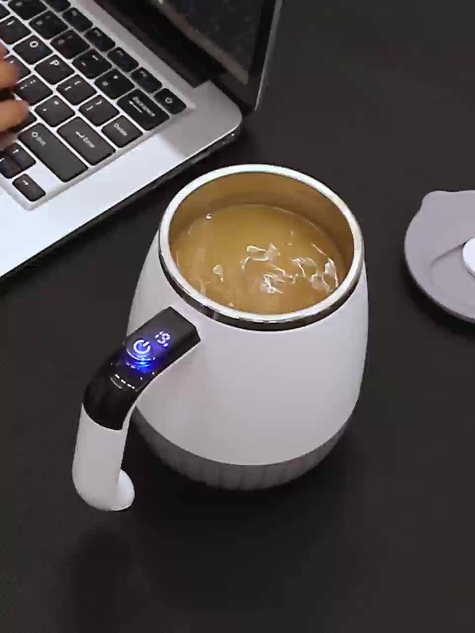 Tasse melangeuse automatique acier inox 316 - Mesure temperature, couvercle, USB, cafe proteines milkshakes, blanc