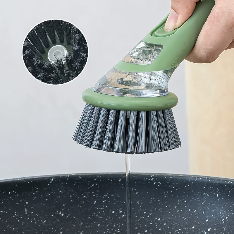 Brosse vaisselle ergonomique distributeur savon integre - Manche allonge, tete interchangeable, plastique, vert
