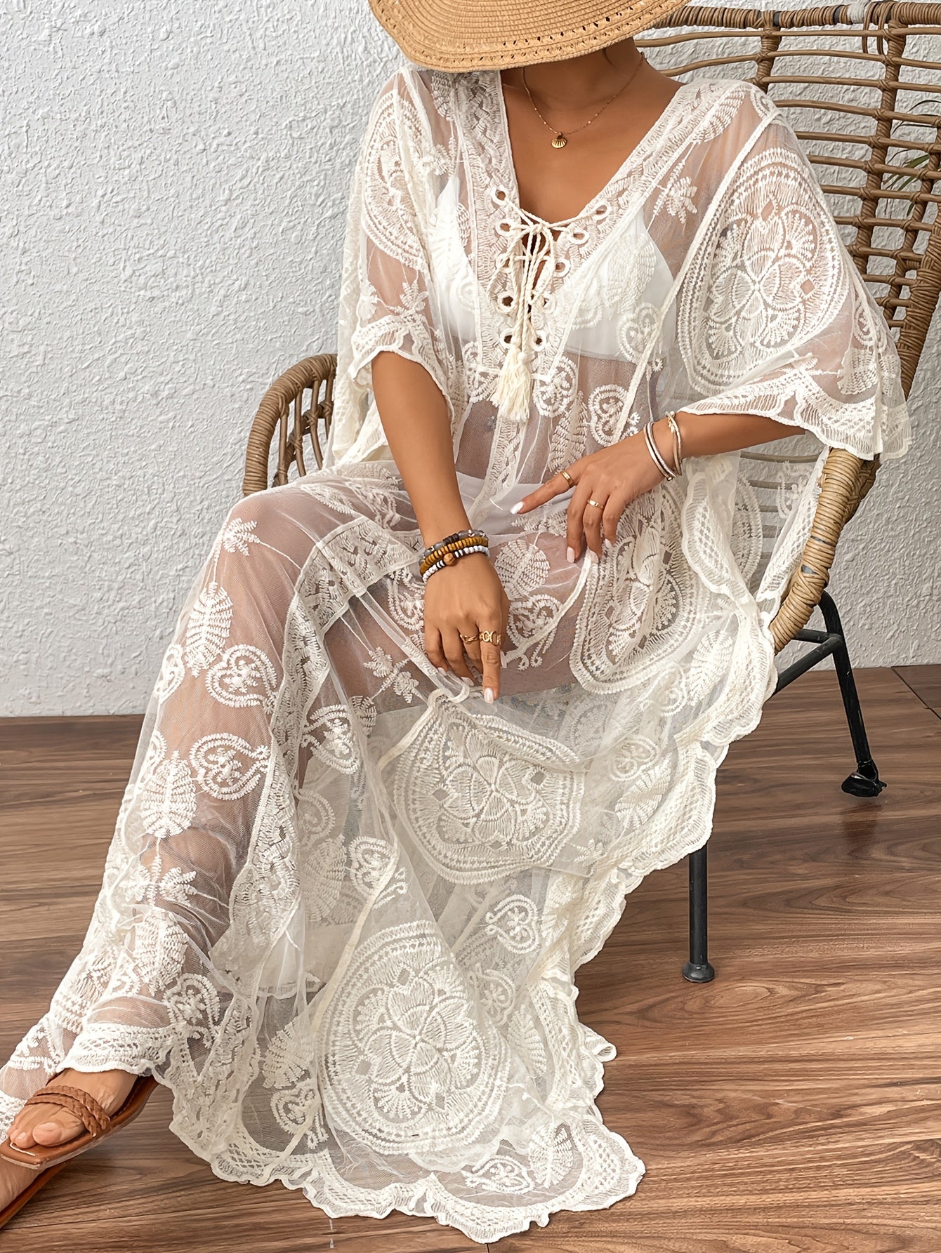 Robe de Plage Longue Femme Boheme Col en V Manches Chauve-Souris Ajoure Semi-Transparente - 65% Nylon Viscose Beige Noir Taille Unique