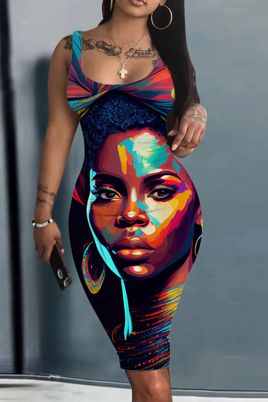 Robe ample imprimé numérique femme - Sans manches, col rond, style graphique