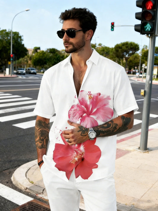 Chemise homme fleurie hibiscus manches courtes - Style décontracté été