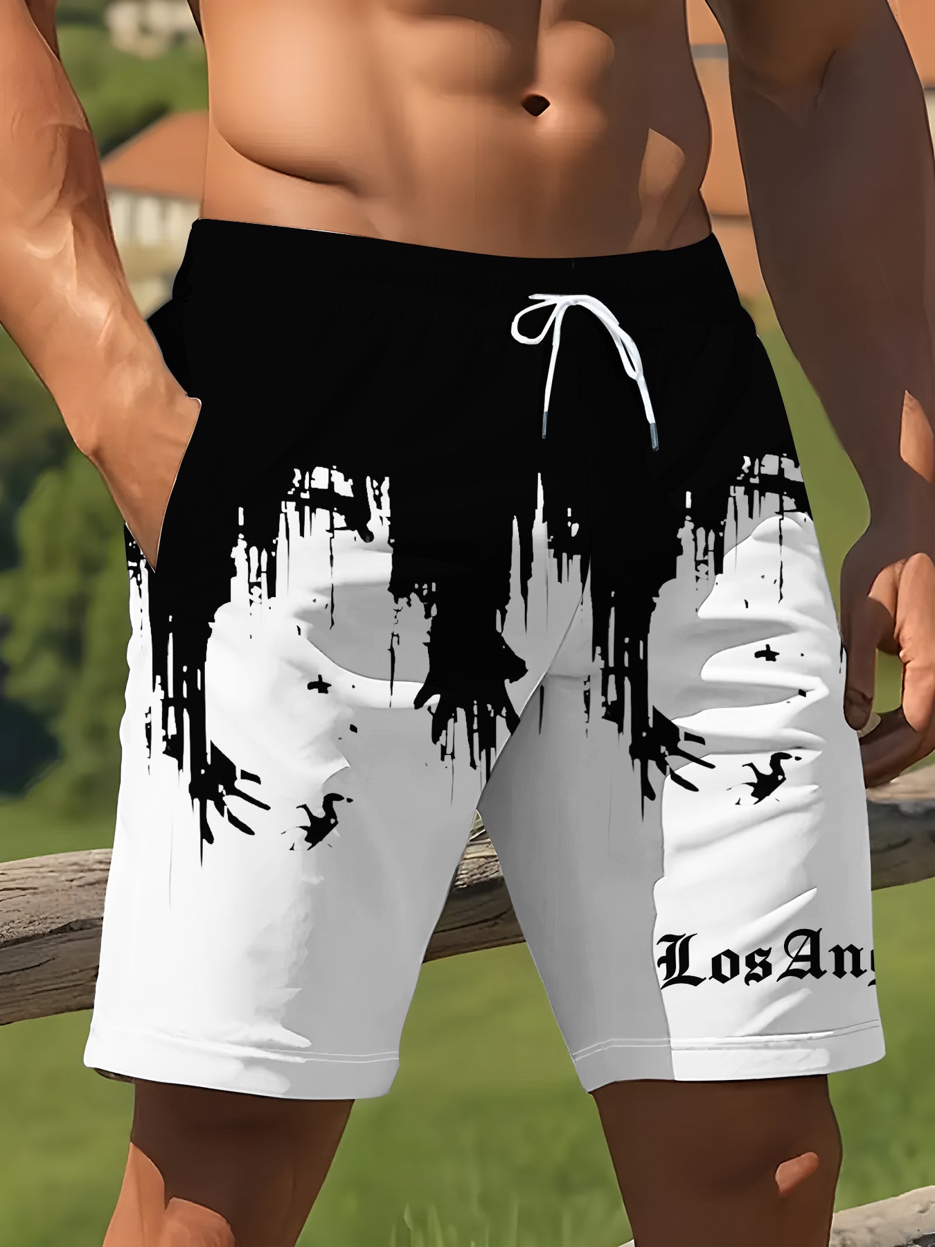 Short Homme Motif Géométrique Noir & Blanc – 100% Polyester, Coupe Standard | FR S à XXL