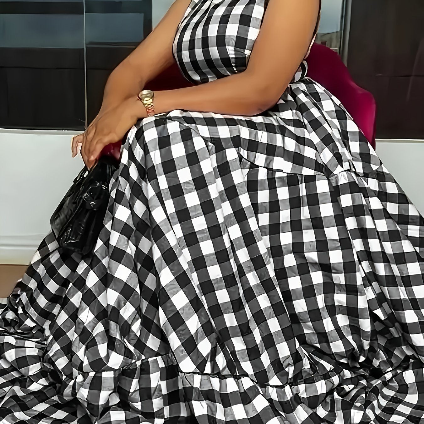 Robe ete femme carreaux sans manches - Col rond, coupe ajustee evasee, jupe multicouche, boutons, bleu ou noir, S a XXL