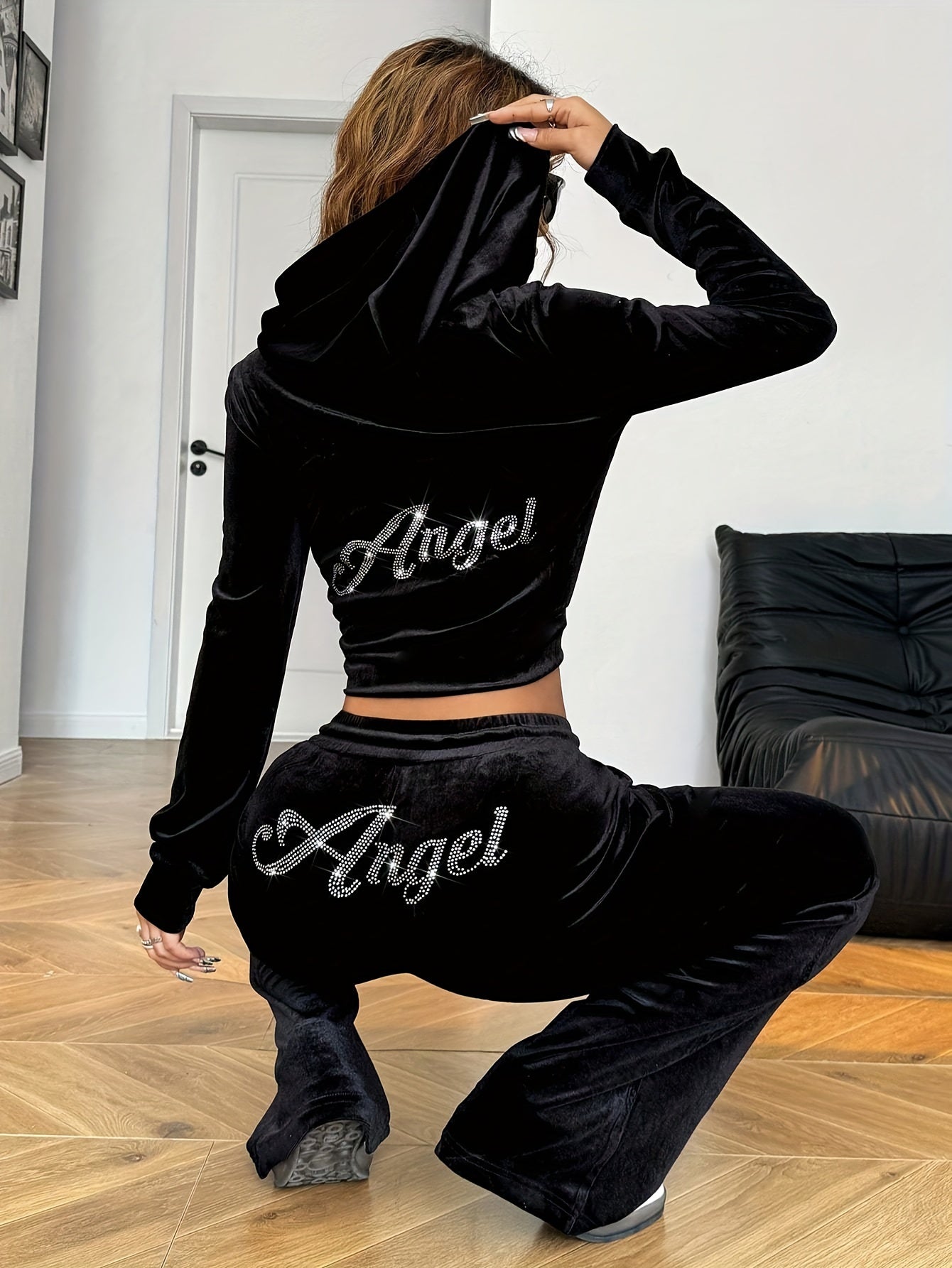 Ensemble Jogging Femme Strass - Hoodie Zippe et Pantalon Poches Noir