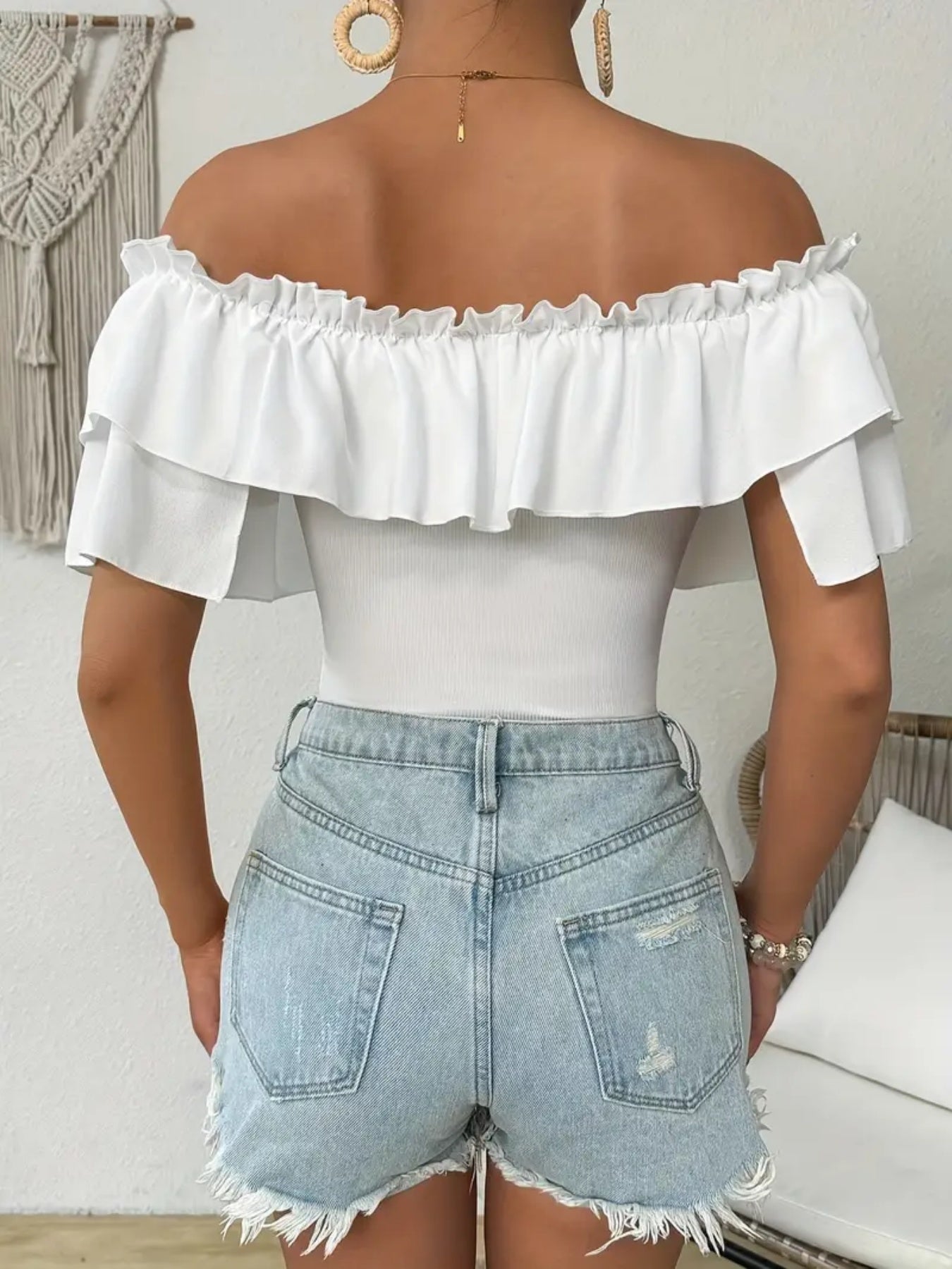Maillot de Bain Une Piece Femme Epaules Denudees Volants Couleur Unie - 95% Polyester Elasthanne Style Vacances Blanc XS-XL