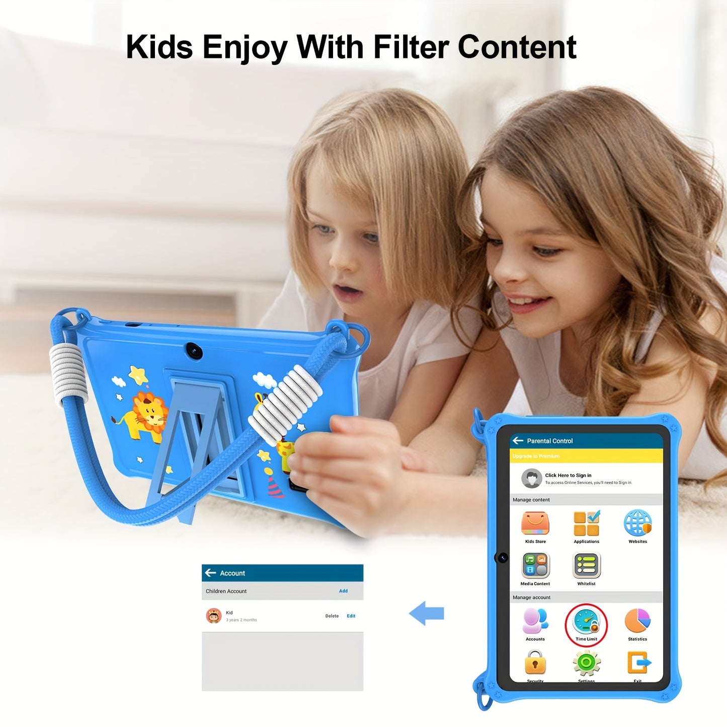 Tablette Enfants 7 Pouces Android 13 - Etui de Protection, 2GB RAM + 32GB ROM, Processeur Quadricœur, Double Camera, Wi-Fi, USB-C, 3 Ans et Plus