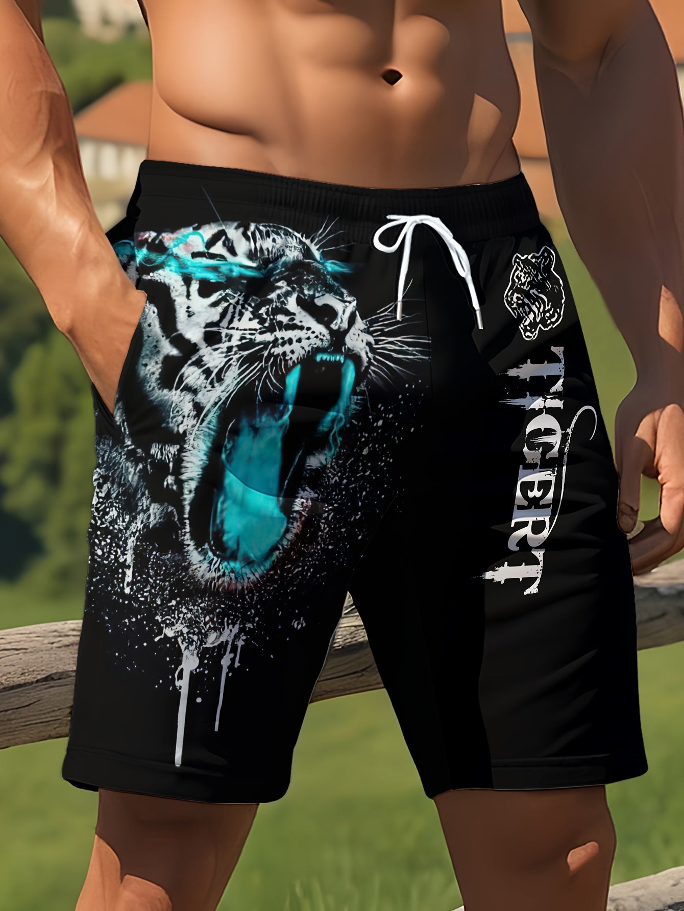 Short Homme Plage Ete Motif Tigre Feroce Geometrique - 95% Polyester Elasthanne Coupe Standard Bleu Noir FR S-XXL